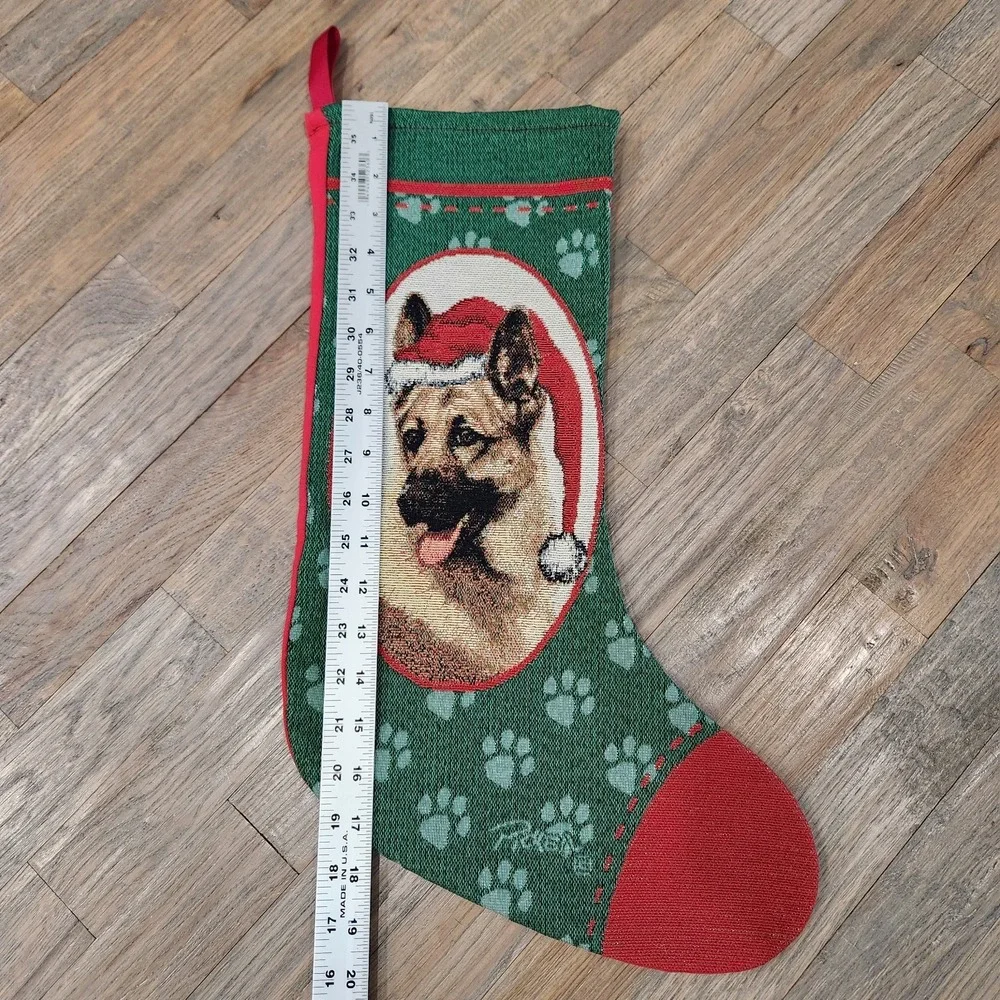 German Shepherd Dog‎ Christmas Tapestry Stocking USA Red Green Santa Hat Picken